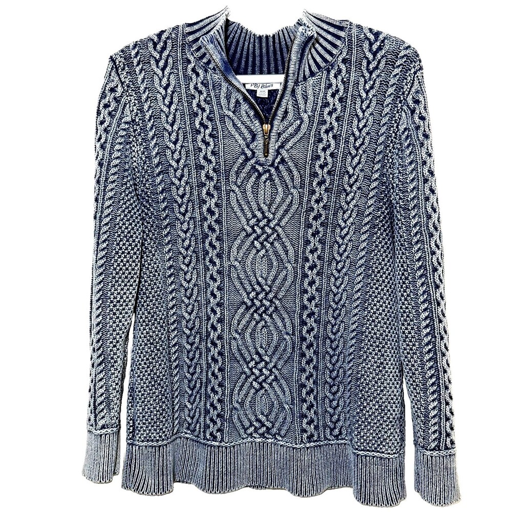 PBJ Blues Sweater Womens Medium Blue Cable Knit Quarter Zip Ramie Cotton